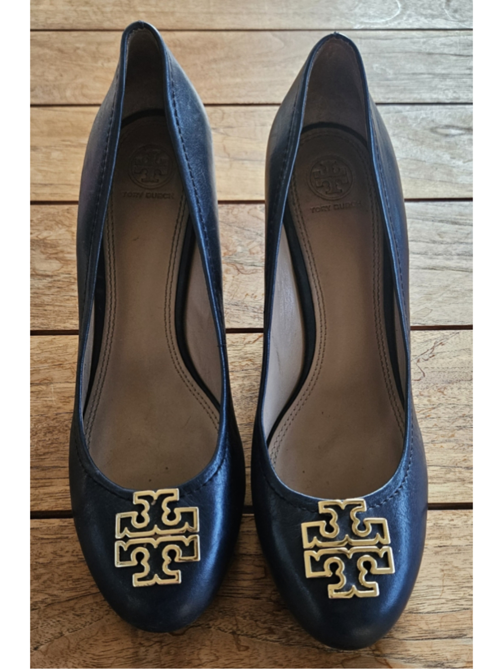 Tory Burch Navy Blue Leather Melinda Wedge Pumps - Size 10.5M